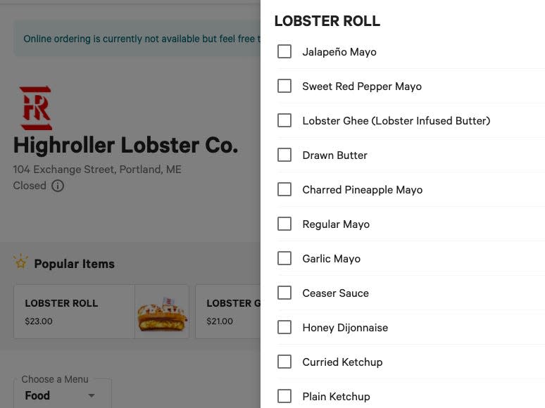 Highroller Lobster Co menu