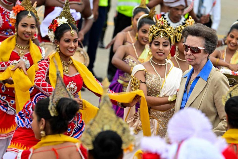 <p> ISHARA S. KODIKARA/AFP via Getty</p> Princess Anne visits Sri Lanka on Jan. 10, 2024