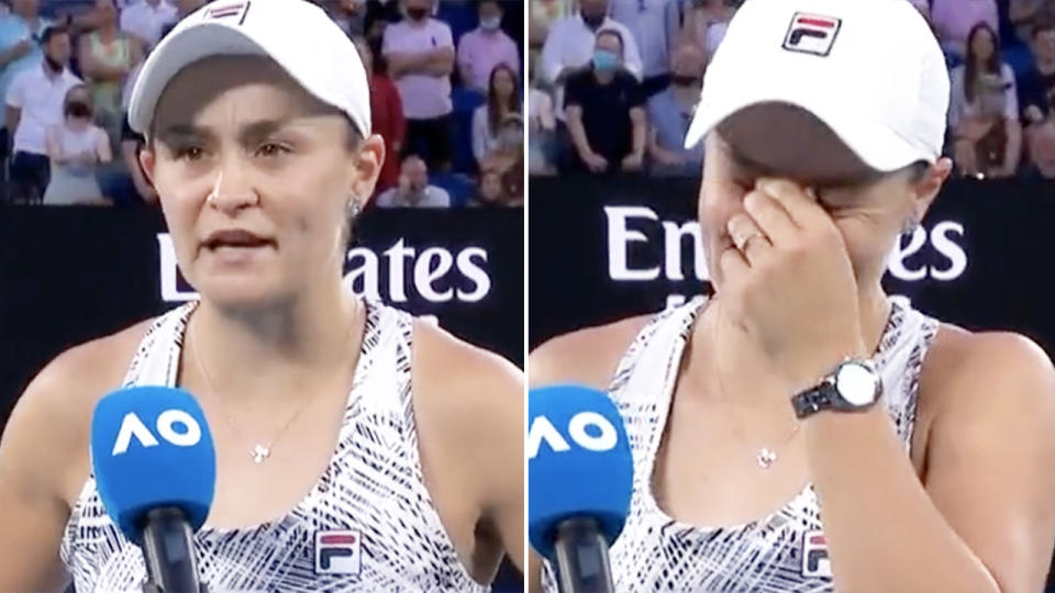 Ash Barty came, pictured here in a hilarious post-match moment at the Australian Open. 