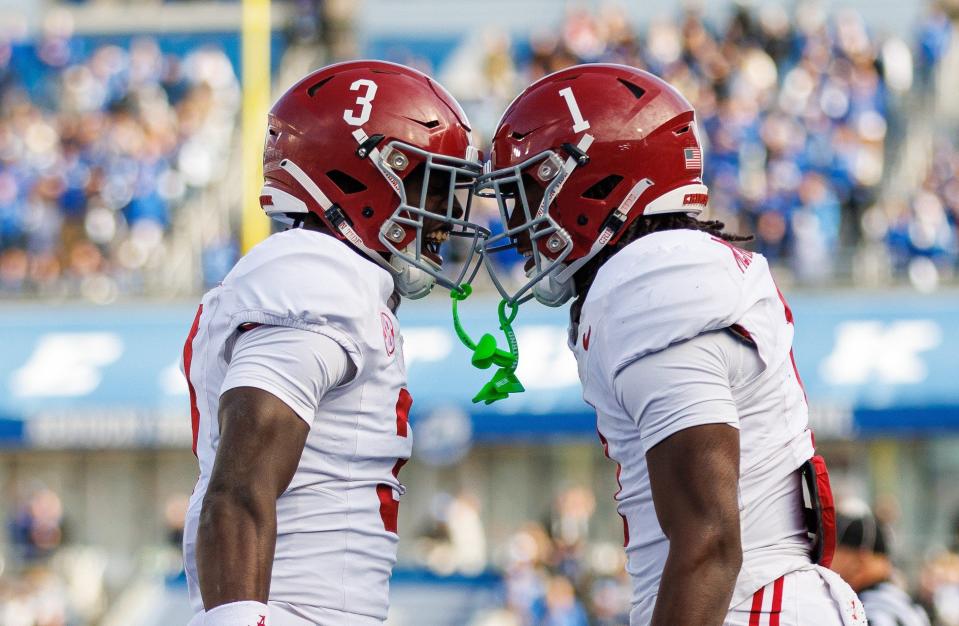 Alabama defensive backs Kool-Aid McKinstry (1) and Terrion Arnold (3) celebrate  during a November game against Kentucky. [Jordan Prather/USA Today Sports]