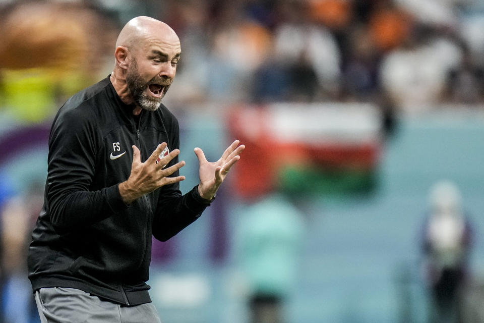 Qatar's head coach Felix Sanchez gives instruction inside the box team area during the World Cup group A soccer match between the Netherlands and Qatar, at the Al Bayt Stadium in Al Khor , Qatar, Tuesday, Nov. 29, 2022. (AP Photo/Moises Castillo)