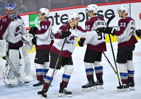 Oct 22, 2018; Philadelphia, PA, USA; Colorado Avalanche right wing Mikko Rantanen (96) celebrates with teammates after defeating the Philadelphia Flyers during the third period at Wells Fargo Center. Mandatory Credit: Eric Hartline-USA TODAY Sports