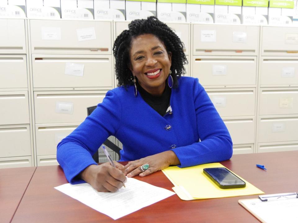 Democrat Valerie McCray, a clinical psychologist from Indianapolis, files her declaration of candidacy for Indiana's U.S. Senate seat with the Secretary of State's office on Jan. 11, 2024.