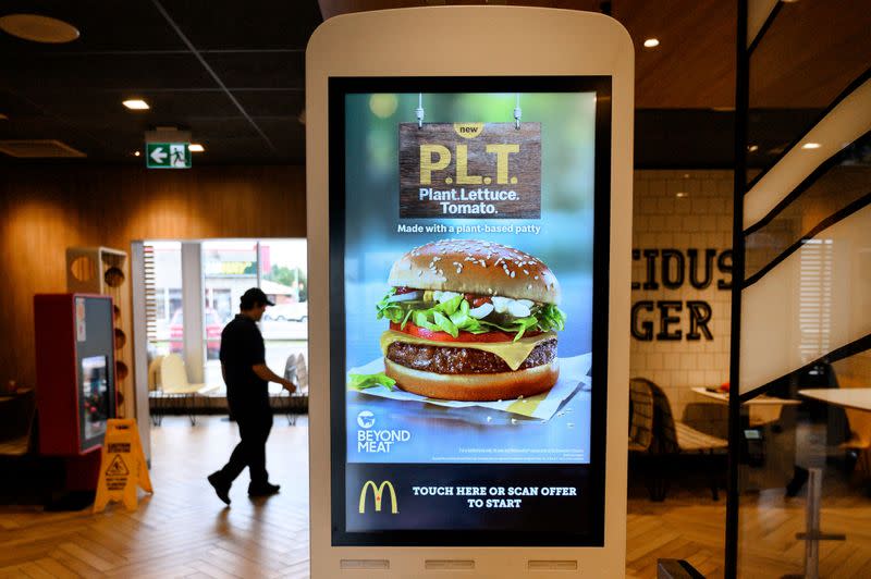 FILE PHOTO: A sign promoting McDonald's "PLT" burger with a Beyond Meat plant-based patty at one of 28 test restaurant locations in London, Ontario