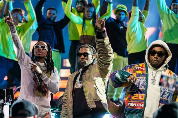 PHOTO: Migos band members Quavo (left), Offset (center), and Takeoff (right) are pictured during the 2022 NBA All-Star at Rocket Mortgage Field House, Feb. 9, 2022.  (Kyle Terada-USA TODAY Sports, via Reuters, FILE)