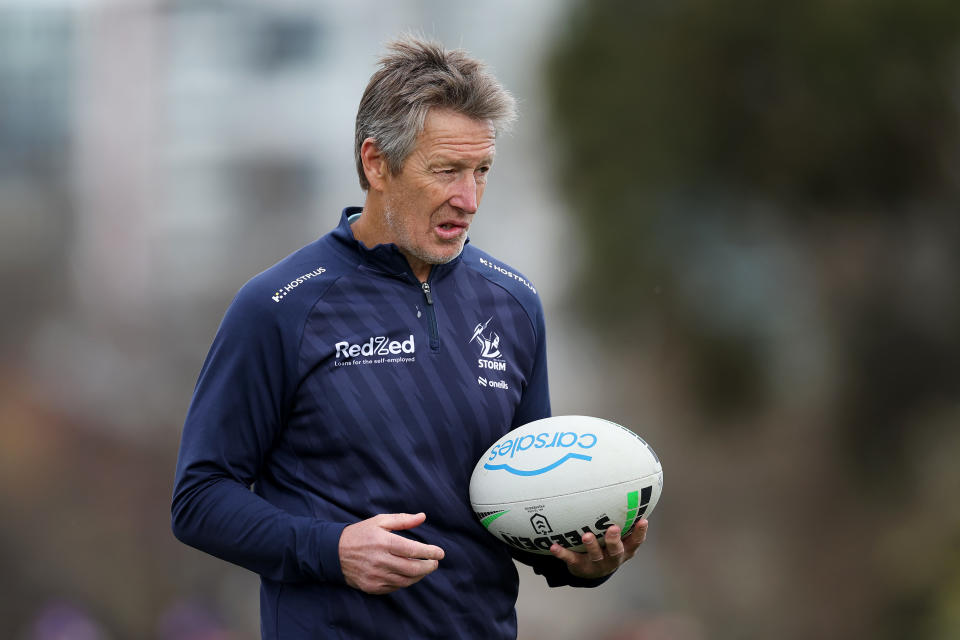 MELBOURNE, AUSTRALIA - SEPTEMBER 22: Craig Bellamy, head coach of the Storm looks on during a Melbourne Storm NRL training session at Gosch's Paddock on September 22, 2024 in Melbourne, Australia. (Photo by Daniel Pockett/Getty Images)