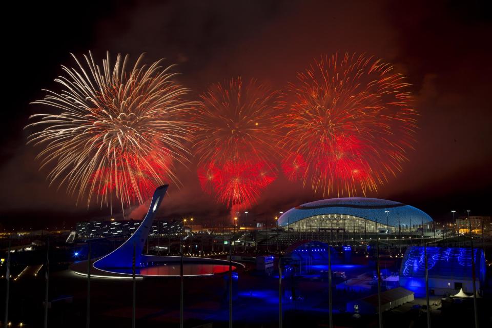 Fireworks explode over Olympic Park during the closing ceremony for the 2014 Winter Olympics, Sunday, Feb. 23, 2014, in Sochi, Russia. (AP Photo/Matt Slocum)