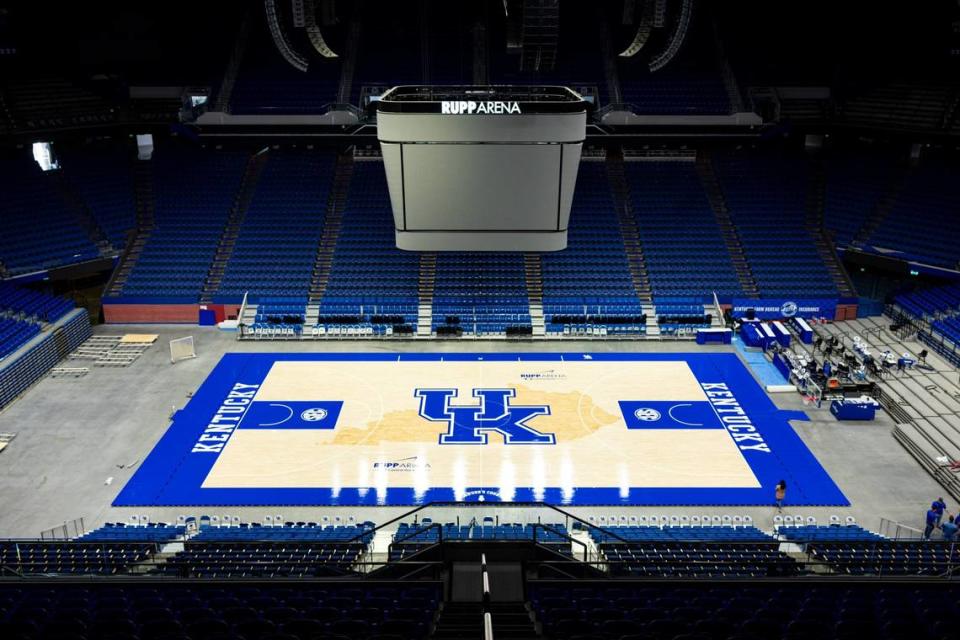 The new Rupp Arena basketball court was installed for a test run earlier this month. Kentucky’s first game on the new court will be Saturday against UNC Wilmington.