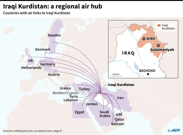 Map showing countries with air links to Iraqi Kurdistan. The Baghdad government has announced the suspension of all international flights into and out of airports