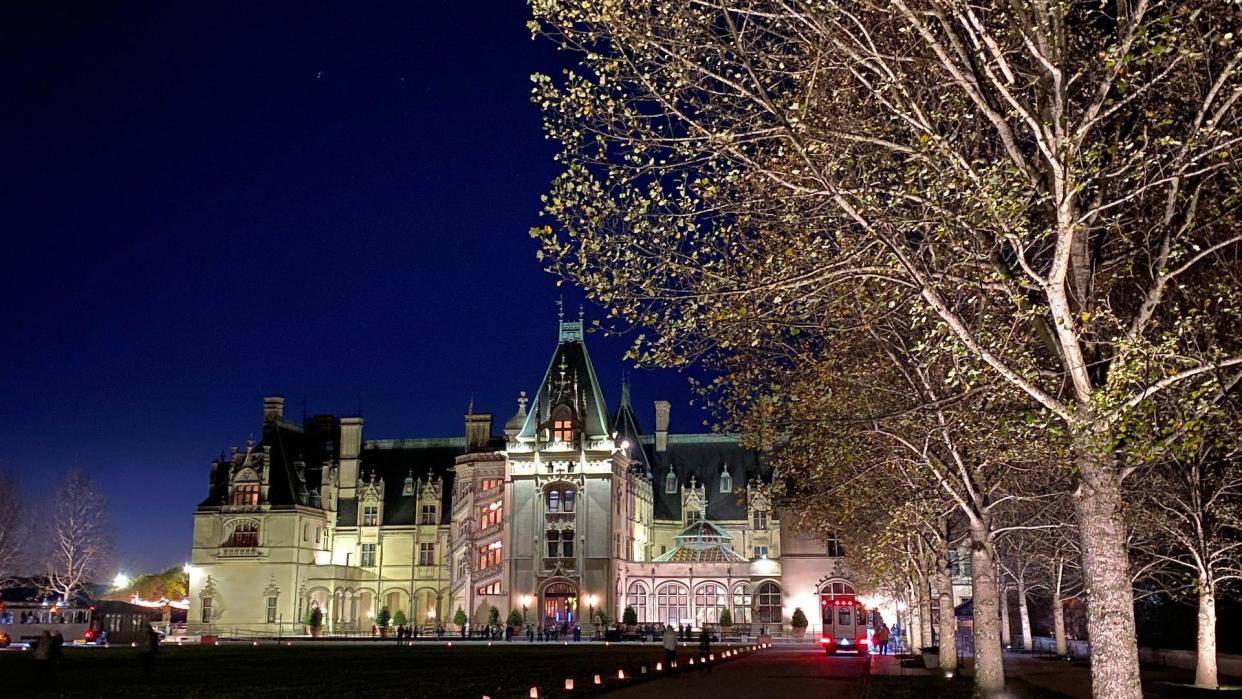 vertical shot of a biltmore and garden at night with lights during christmas