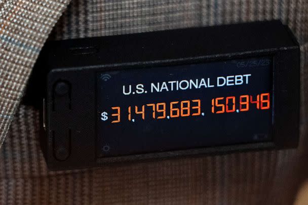 PHOTO: Rep. Thomas Massie wears a digital pin simulating the increasing U.S. National Debt, at the Capitol in Washington, May 30, 2023. (Jacquelyn Martin/AP)