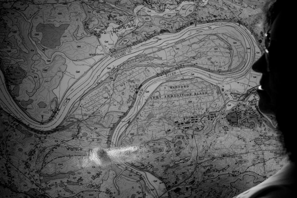 A map of the Radford Army Ammunition Plant. Darlene Nester&rsquo;s father and husband have worked at the plant, and she worries that protests against open burns might jeopardize jobs. &ldquo;We need the work,&rdquo; she said. (Photo: Ashley Gilbertson/VII Photo, special to ProPublica)