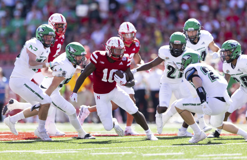 Nebraska's Anthony Grant (10) rushes against North Dakota during the first half of an NCAA college football game Saturday, Sept. 3, 2022, in Lincoln, Neb. (AP Photo/Rebecca S. Gratz)