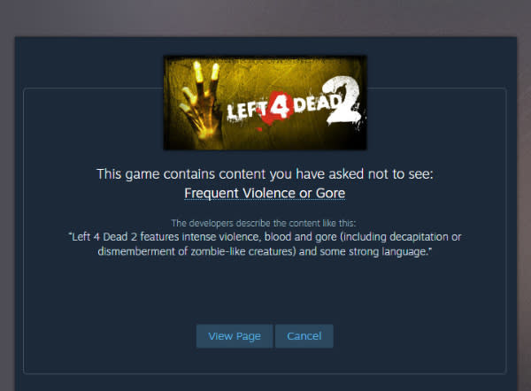 Example of 'Left 4 Dead 2' violence/gore warning