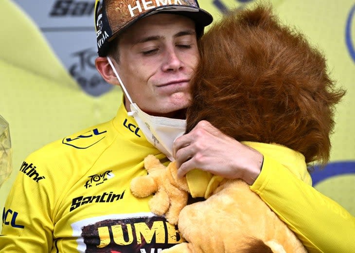 <span class="article__caption">Vingegaard relishes a different type of yellow jersey than his Jumbo-Visma issue kit.</span>
