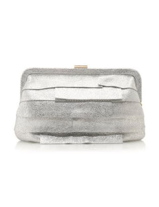 Tiers of raw-cut cracked metallic leather give a timeless clutch vintage allure.