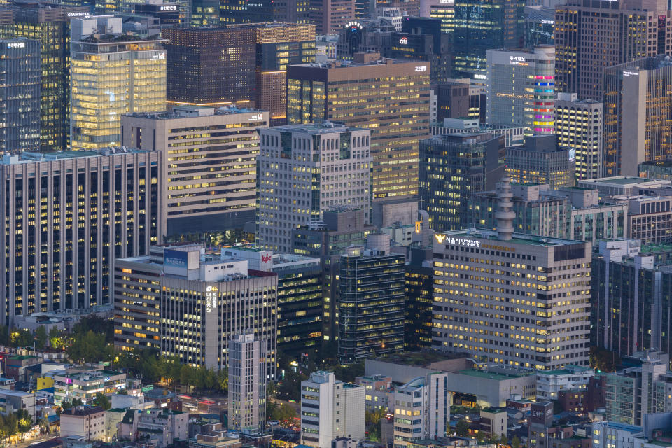 Seoul, South Koera - Oct 24, 2019: Aerial view of office buildings in Seoul CBD