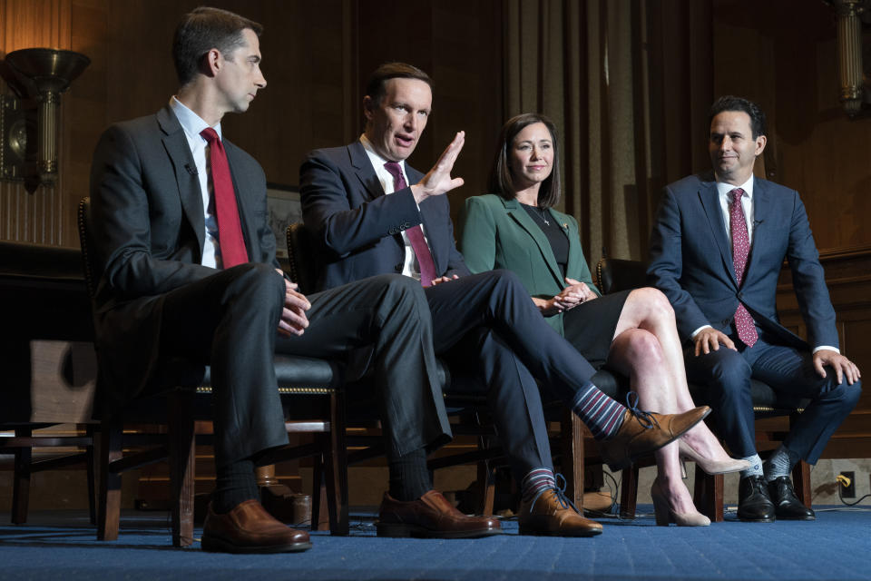 FILE - From left, Sen. Tom Cotton, R-Ark., Sen. Christopher Murphy, D-Conn., Sen. Katie Britt, R-Ala., and Sen. Brian Schatz, D-Hawaii, who have introduced legislation to protect kids on social media, are interviewed by the Associated Press, Wednesday, May 3, 2023, on Capitol Hill in Washington. (AP Photo/Jacquelyn Martin, File)