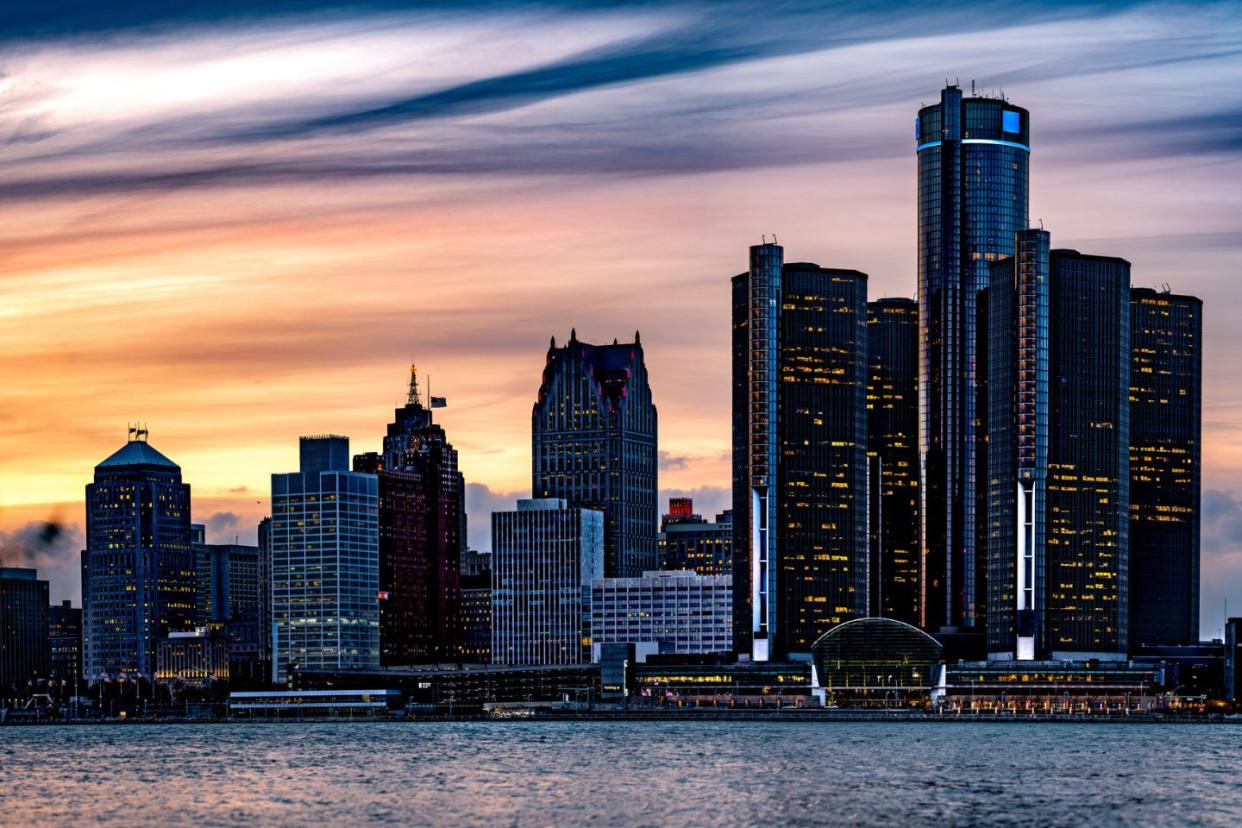 Detroit city skyline at sunset