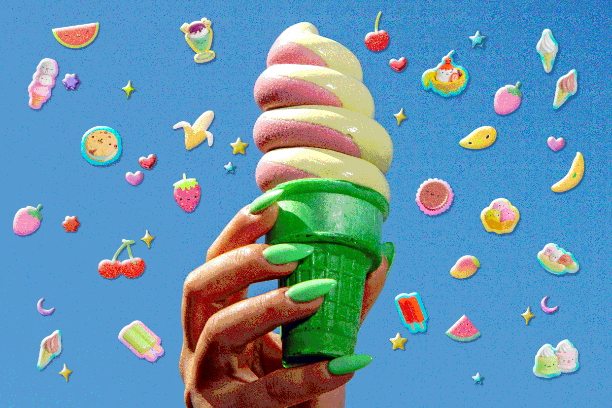 Stickers of ice cream and fruit dance around an image of a hand holding soft serve