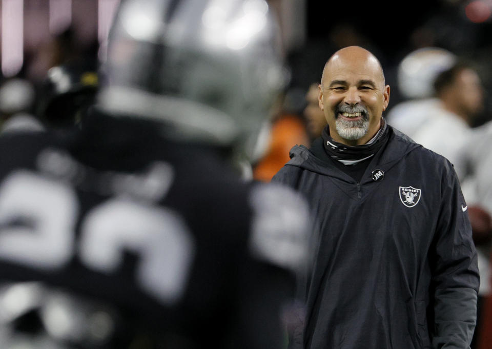 Rich Bisaccia and the Las Vegas Raiders are all smiles after winning four straight to rally into the playoffs iin thrilling fashion. (Photo by Ethan Miller/Getty Images)