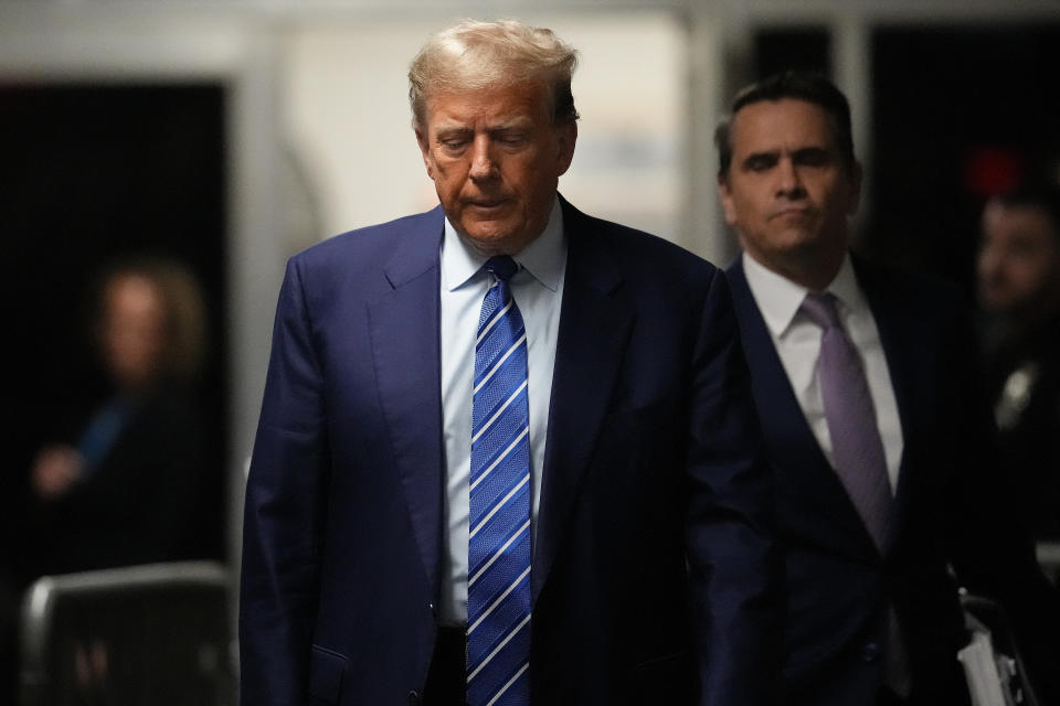 Former President Donald Trump arrives at Manhattan criminal court, Tuesday, April 16, 2024, in New York. Donald Trump returned to the courtroom Tuesday as a judge works to find a panel of jurors who will decide whether the former president is guilty of criminal charges alleging he falsified business records to cover up a sex scandal during the 2016 campaign. (AP Photo/Mary Altaffer, Pool)