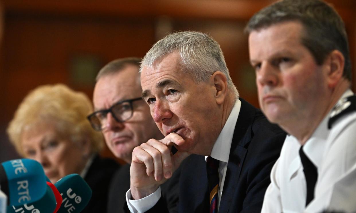 <span>Jon Boutcher (second right) at a press conference in Belfast on Friday. He was also scathing about the ‘glacially’ slow efforts of the prosecution service.</span><span>Photograph: Charles McQuillan/Getty Images</span>