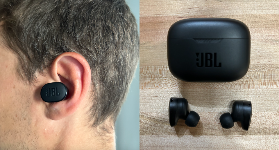 JBL Tune 130NC earbuds headphones in man's ear and on table