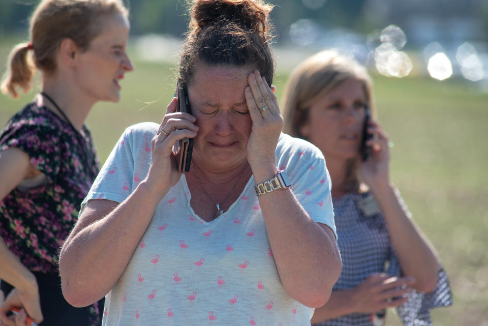 Instructional Assistant Paige Rose reacts outside Noblesville West Middle School after the shooting. (Photo: Kevin Moloney/Getty Images)