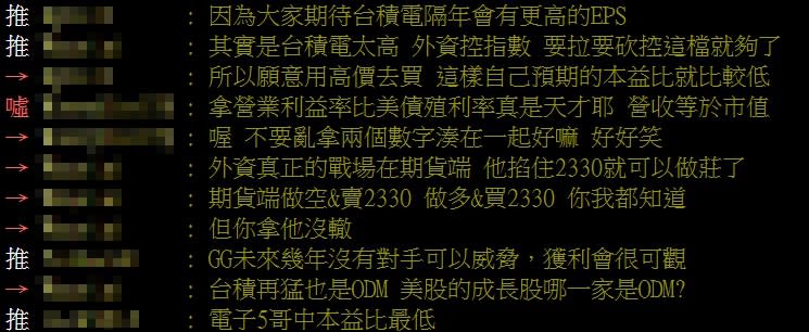 大部分的人認為，2家公司產業屬性不同，拿來比較不客觀。（圖／翻攝自PTT）