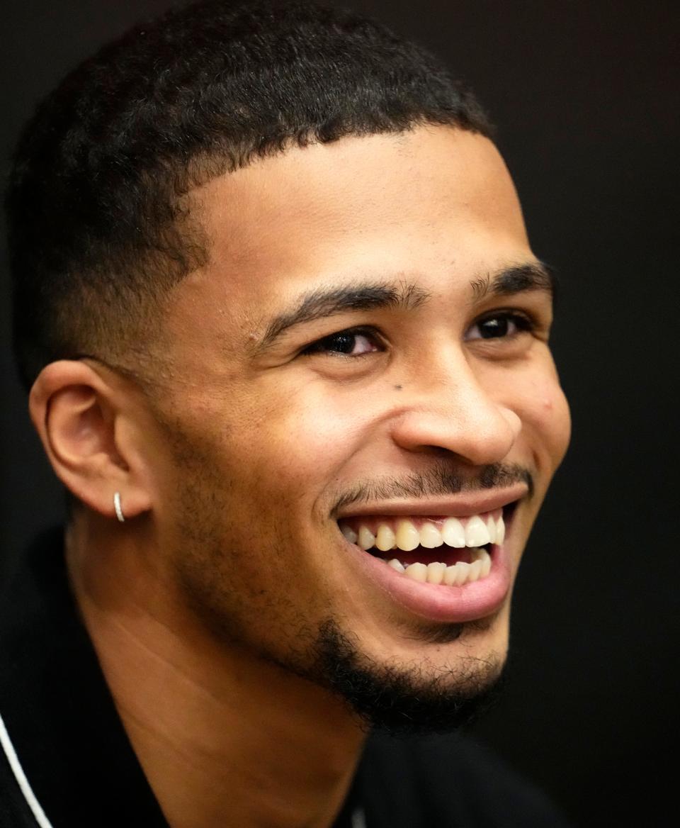 Phoenix Suns top draft pick Toumani Camara during a news conference at the Verizon 5G Performance Center in Phoenix on June 27, 2023.