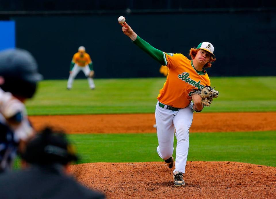 Richland’s Cameron Kallsen was starting pitcher against Olympia during Friday’s state 4A playoff game in Pasco.