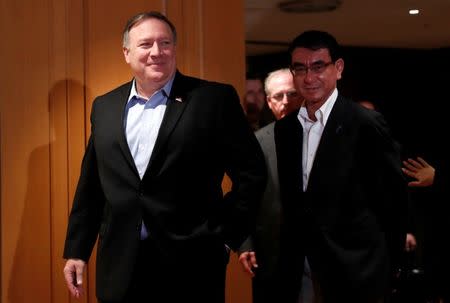 U.S. Secretary of State Mike Pompeo meets Japan's Foreign Minister Taro Kono prior to their breakfast meeting in Tokyo, Japan, July 8, 2018. REUTERS/Kim Kyung-Hoon/Pool