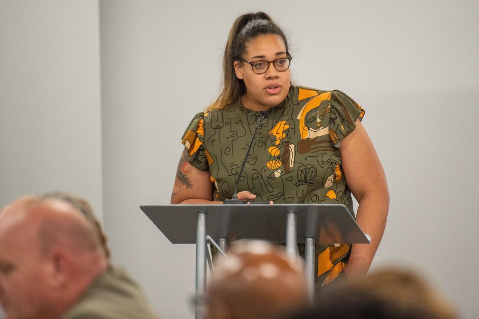 Teacher Alyssa Pearman speaks before the Board considers American Classical Education's application during the Jackson-Madison County School Board meeting on Thursday, Apr. 27, 2023. 