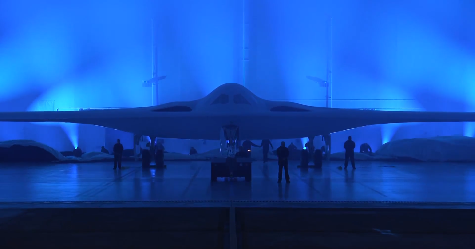 The B-21 Raider is dramatically revealed in a screen shot from a live presentation given by Northrop Grumman Friday night. The plane will eventually be stationed at Dyess Air Force Base.
