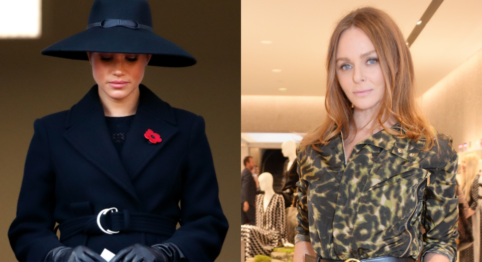 Stella McCartney (right) shared an Instagram post about Meghan Markle's coat. (Photos: Getty)