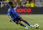 CF Montréal forward Raheem Edwards passes the ball during the first half of the team's MLS soccer match against the Columbus Crew on Saturday, April 27, 2024, in Columbus, Ohio. (AP Photo/Jeff Dean)