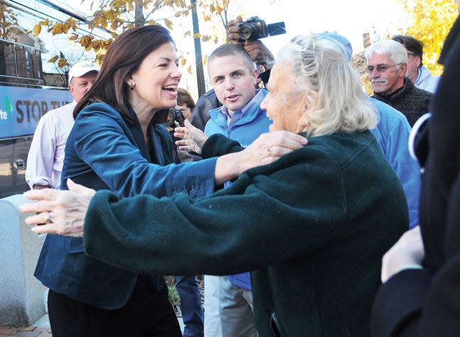 Kelly Ayotte, left, hugs Portsmouth's Ruth Griffin in Portsmouth during a 2010 campaign event in Portsmouth. Ayotte was running for the U.S. Senate at the time and won the election.
