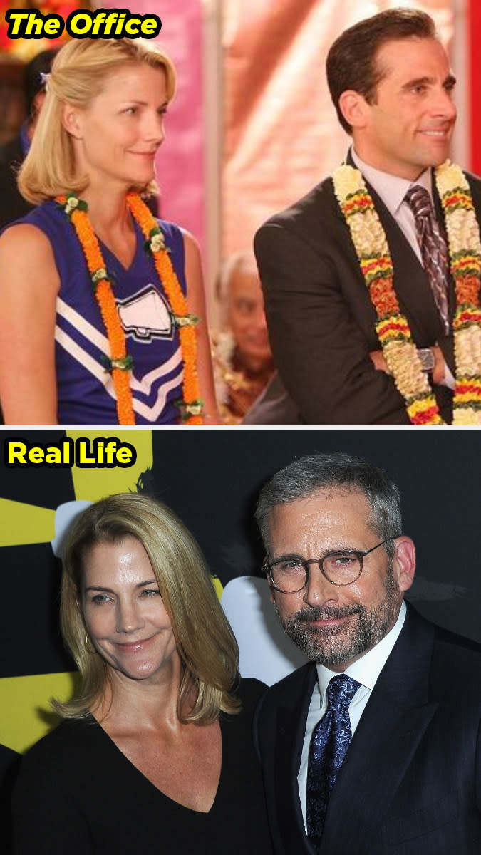 Nancy and Steve Carell on "The Office"; the couple at an event