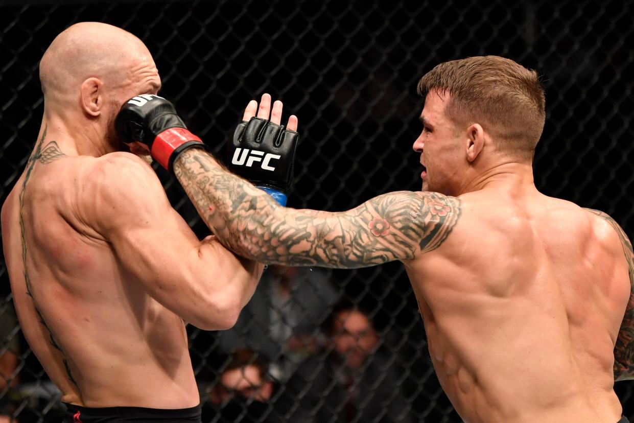 <p>Revenge: Dustin Poirier stopped Conor McGregor in the second round at UFC 257</p> (Zuffa LLC via Getty Images)