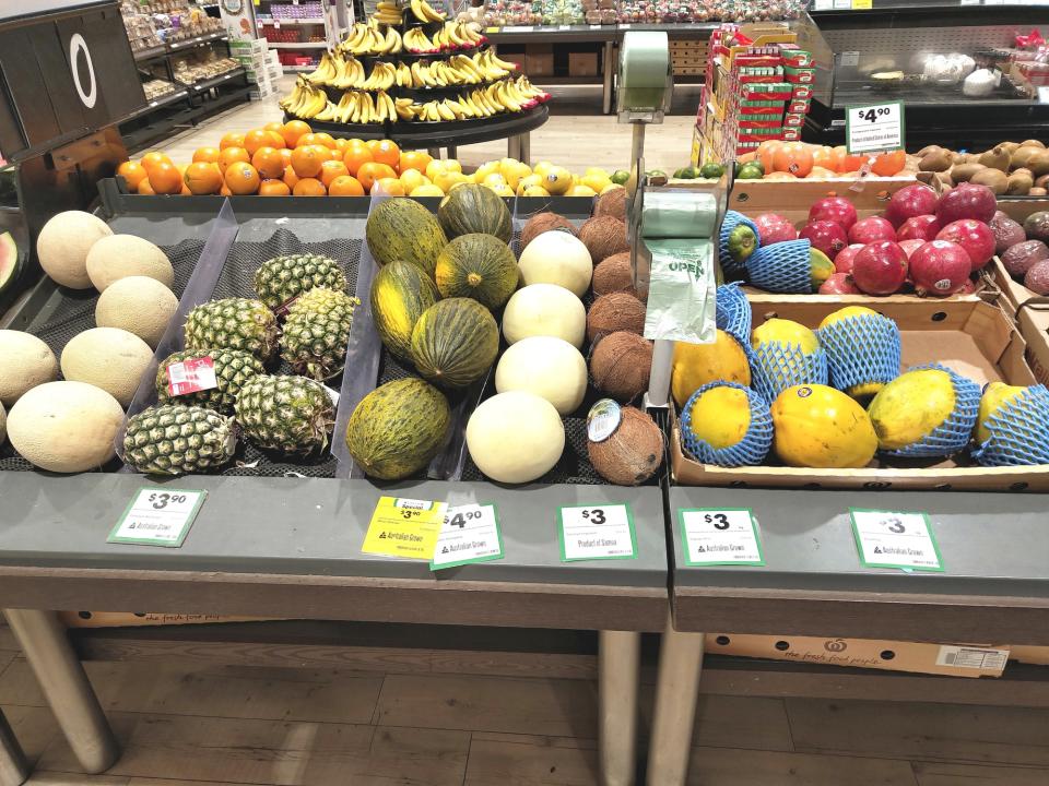 The mum wants people to give the bags a miss, particularly when it comes to bagging the fruits and vegetables with robust skin. Pictured are rockmelons, pineapples and other melons at the supermarket.