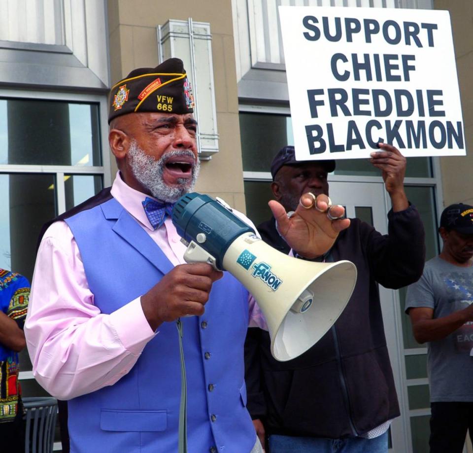 Marvin Broadwater Sr. speaks Tuesday night, March 28, 2023, during a rally outside the City Services Center in support of Columbus Police Chief Freddie Blackmon.