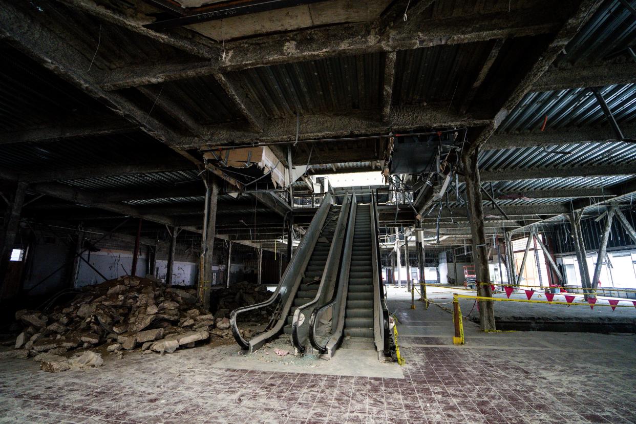 Interior demolition is seen at the former Kaleidoscope at the Hub building at 515 Walnut St. on Tuesday, July 11, 2023, in Des Moines.