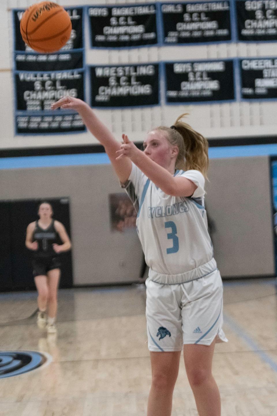 Pueblo West's Makenna McGraw shoots for three during a game against Northridge on Tuesday, Feb. 21, 2023.