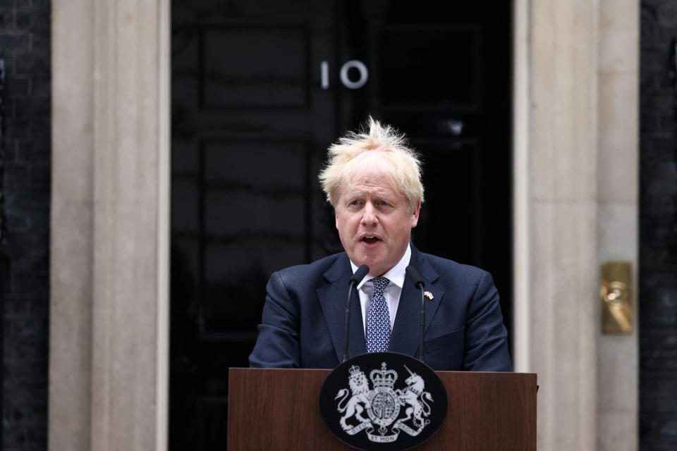 British Prime Minister Boris Johnson makes a statement at Downing Street in London