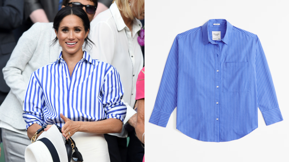 The Duchess of Sussex attends day twelve of the Wimbledon Tennis Championships at the All England Lawn Tennis and Croquet Club on July 13, 2018, and Abercrombie's Oversized Poplin Shirt (Photos via Getty & Abercrombie).
