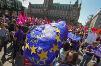 People gather for a protest rally in Hamburg, Germany, Sunday, May 19, 2019. People across Europe attend demonstrations under the slogan 'A Europe for All - Your Voice Against Nationalism'. (Christian Charisius/dpa via AP)