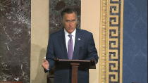 In this image fro video, Sen. Mitt Romney, R-Utah., speaks on the Senate floor, Thursday, Oct. 17, 2019, in Washington. (Senate television via AP)