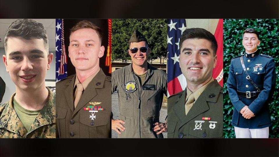 Officials identified the U.S. Marines who died in a helicopter mishap in California as (from left to right) Lance Cpl. Donovan Davis, 21; Sgt. Alec Langen, 23; Capt. Benjamin Moulton, 27; Capt. Jack Casey, 26; and Capt. Miguel Nava, 28.