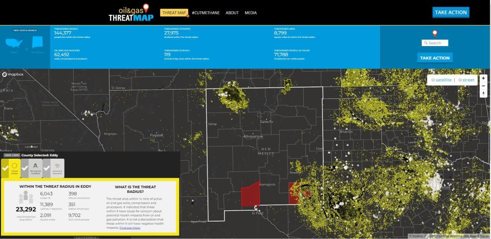 Earthworks' 'threat map' shows people who live within half a mile of oil and gas operations in New Mexico and other states.